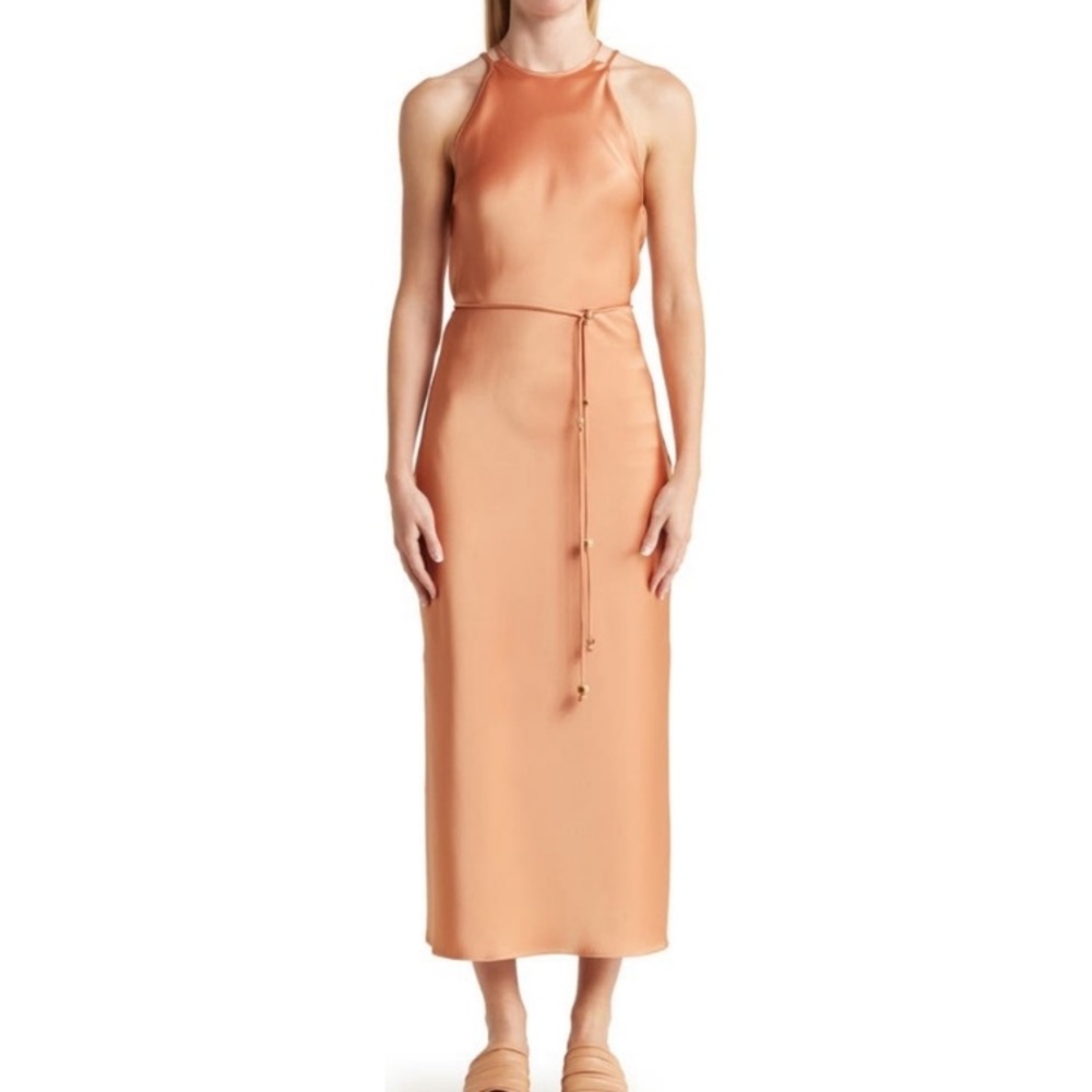 Nanushka Narita Belted Peach Apricot Satin Sleeveless High Neck Midi Dress - Picture 1 of 14
